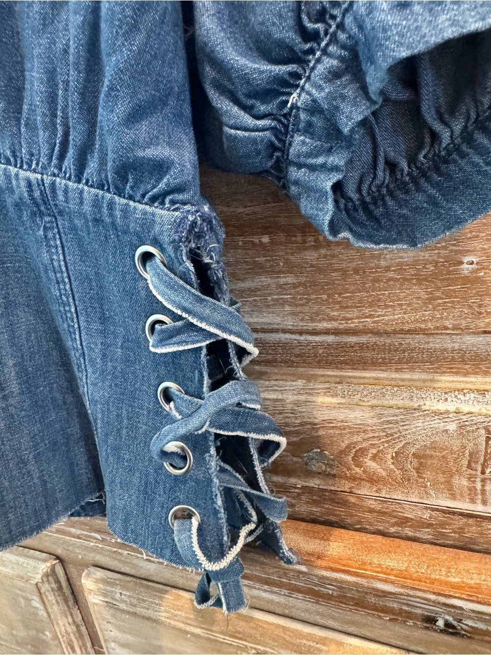 Zara Blue Denim V-Neck Puff Sleeve Top with Side Lace-Up Western Country - Picture 3 of 6
